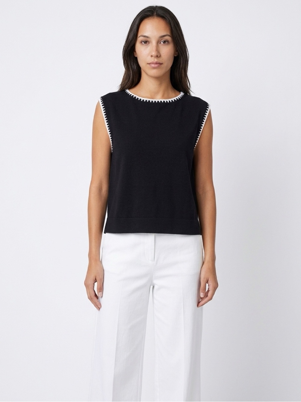 Ann Taylor Black Sleeveless Sweater Tank with White Crochet Trim